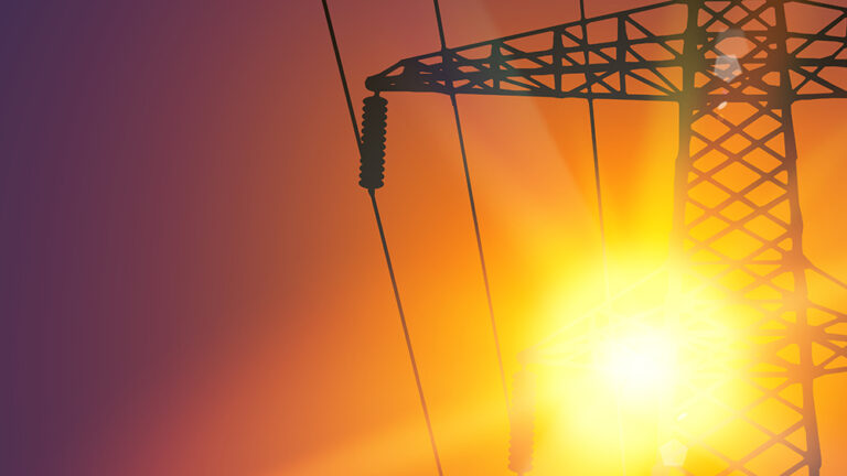 Electrical Transmission Line of High Voltage Over Sunset. Vector Illustration.